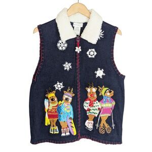 Vintage Christmas Full Zip Sweater Vest Size XL Embroidered Reindeer Ugly Party